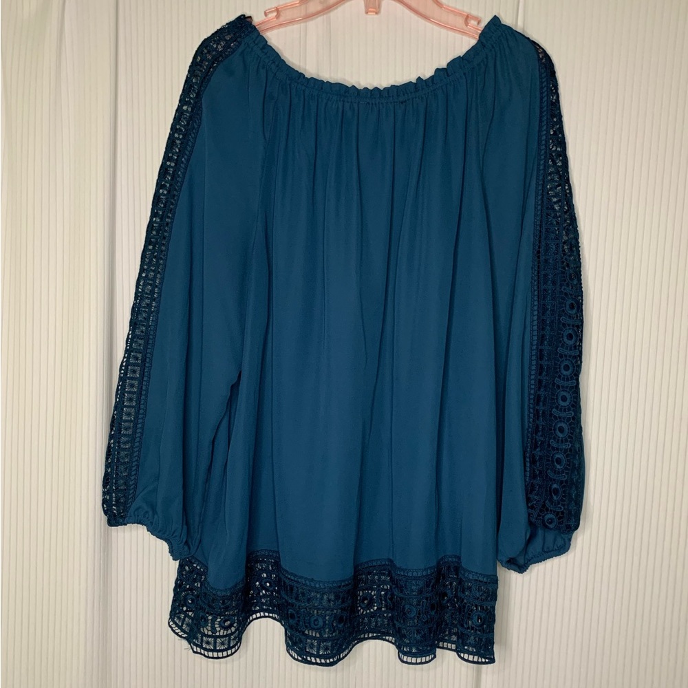Zac & Rachel Dark Teal Blouse Balloon Sleeve Elastic Cuff Lace Trim Large
